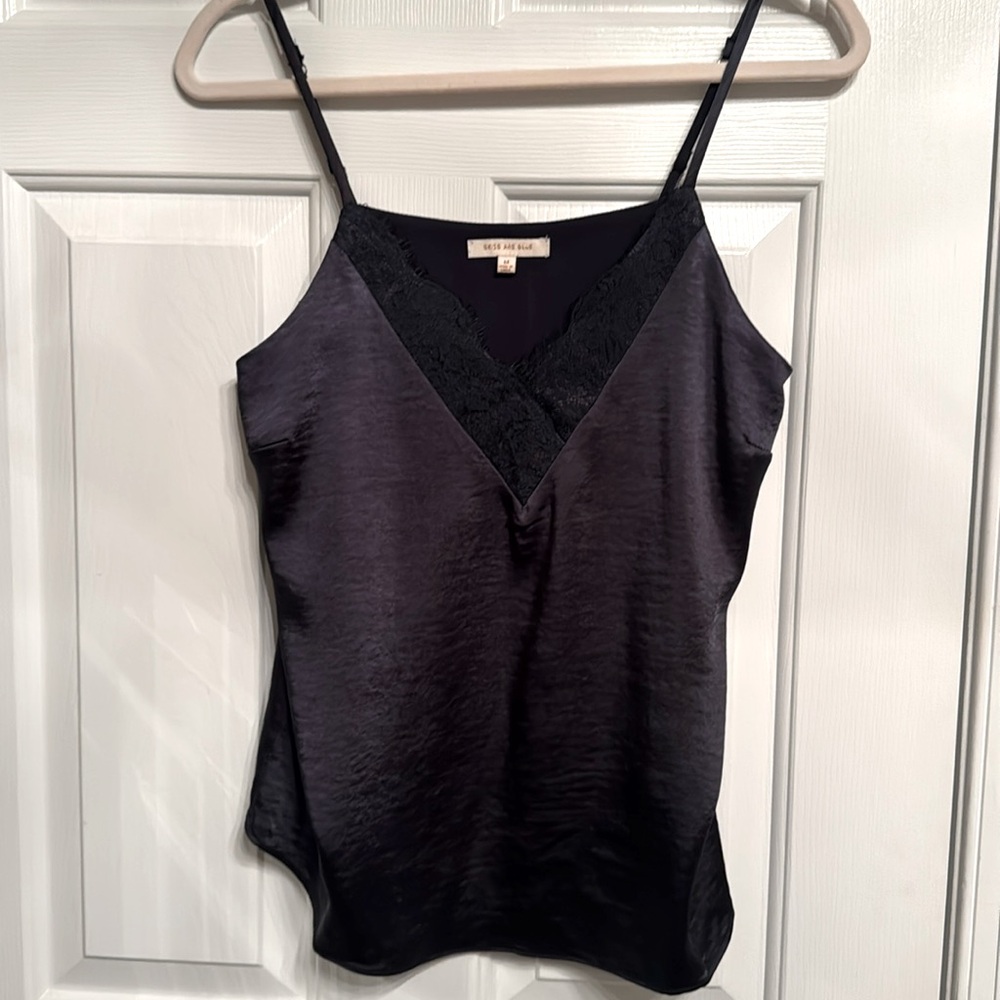 Silky navy blue camisole tank with lace detail